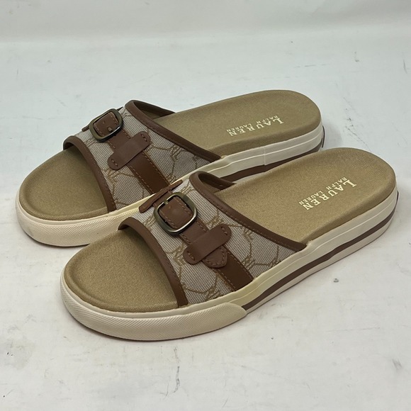Ralph Lauren Shoes - Ralph Lauren Matty‎ Sandals Camel Signature Fabric Beige Women's Size 8B VTG NEW